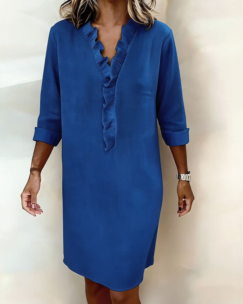 Ophivyn - Women's V-neck ruffle straight cut casual dress