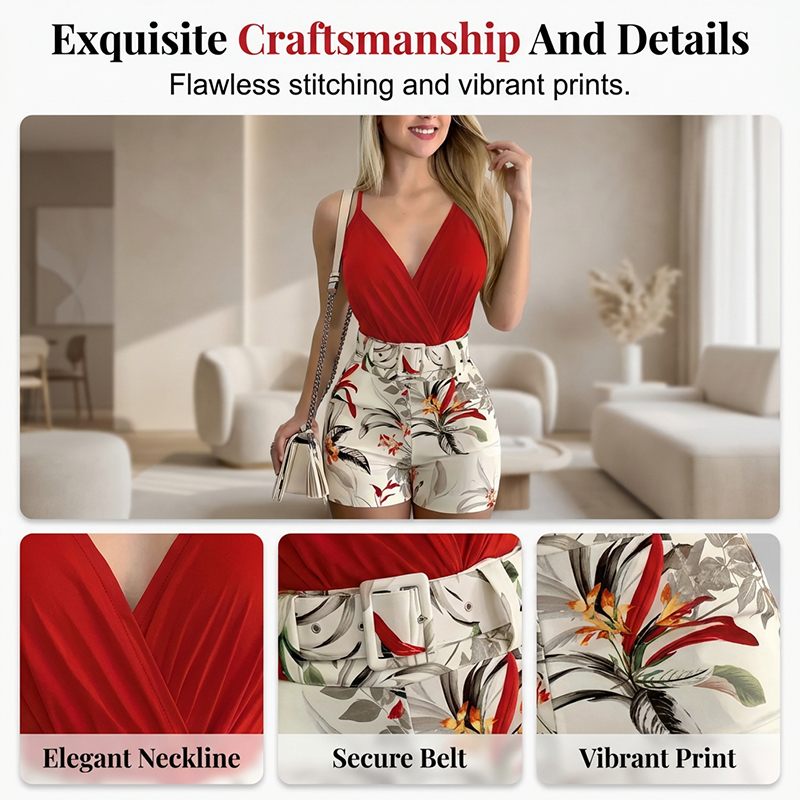 Talyndra - Elegant Tropical Set with High-Waisted Shorts and V-Neck