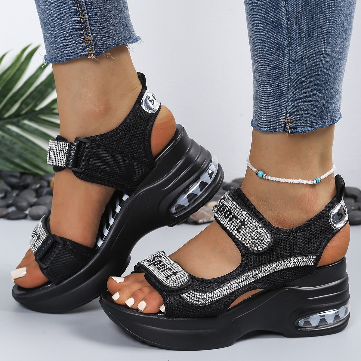 Calyvra - Women's platform rhinestone velcro air sole sport sandals