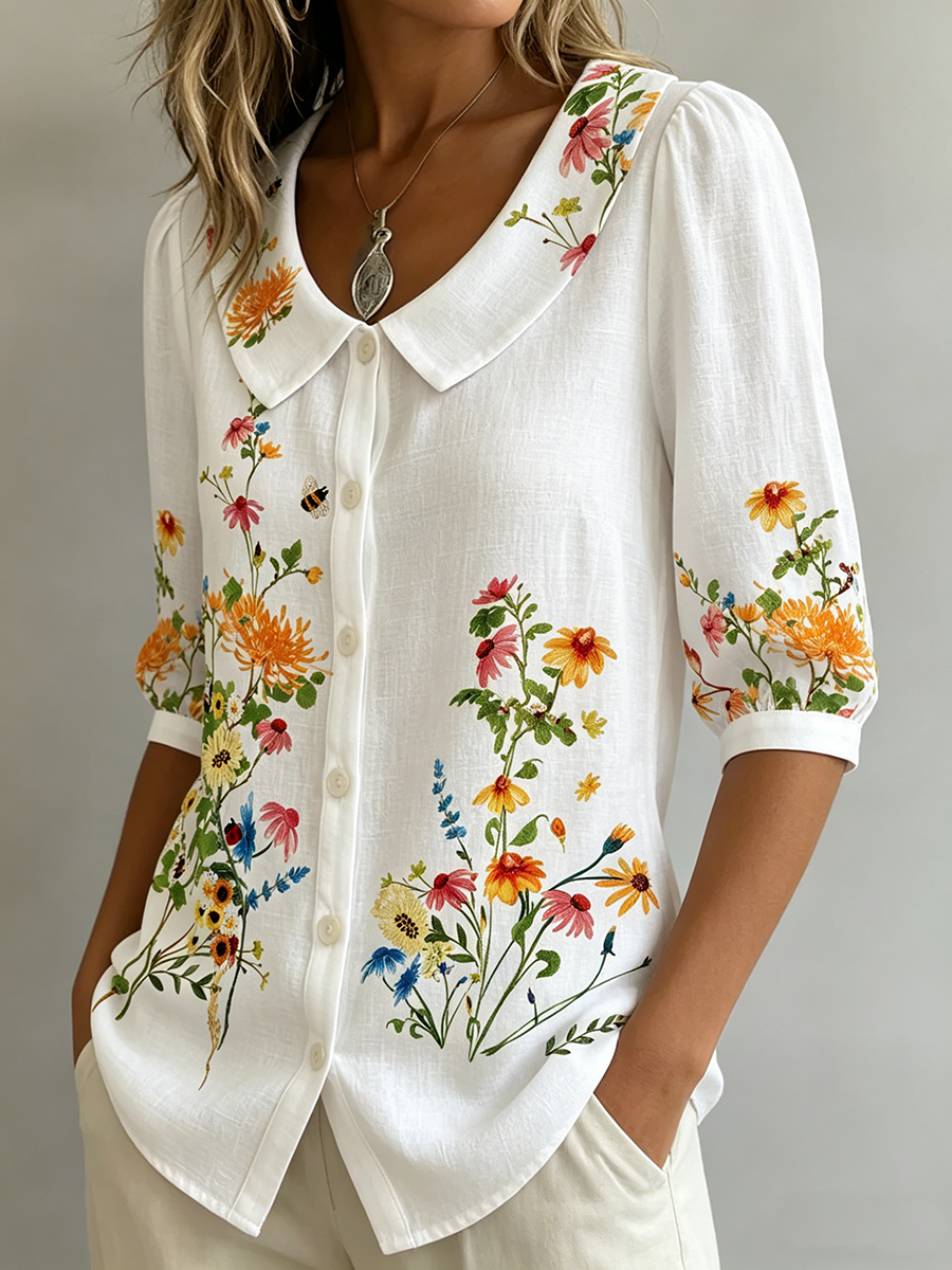 Mavessia - Women's vintage artistic floral print cotton and linen shirt