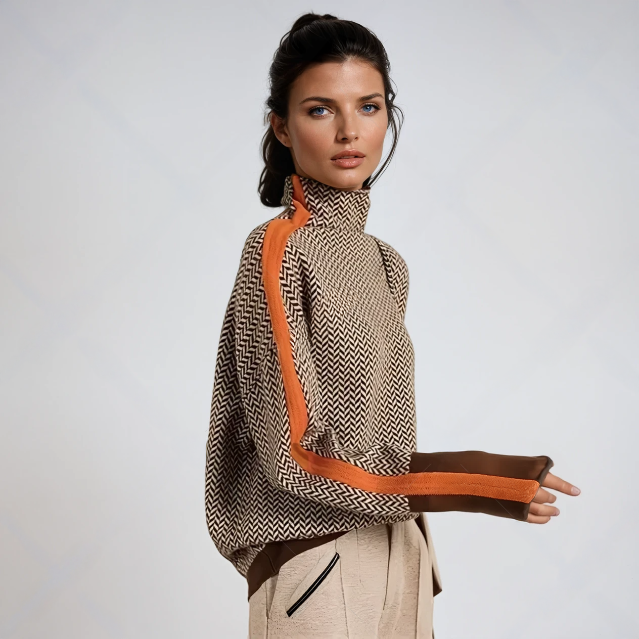 Marivelle™ - Women's Mock Neck Sweater with Contrast Stripes