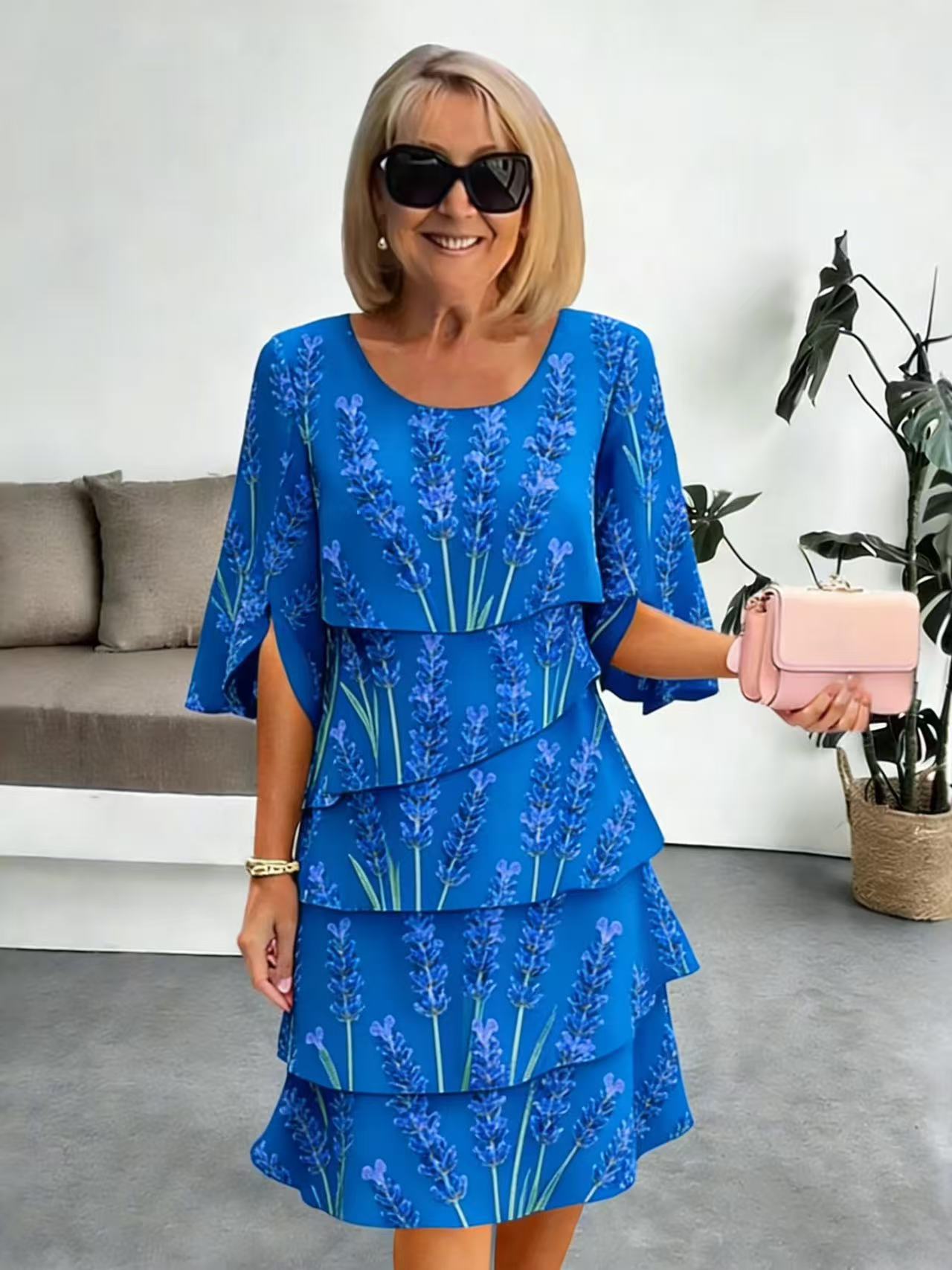 Elyvane - Women's Midi Floral Print Ruffled Slit Sleeve Dress