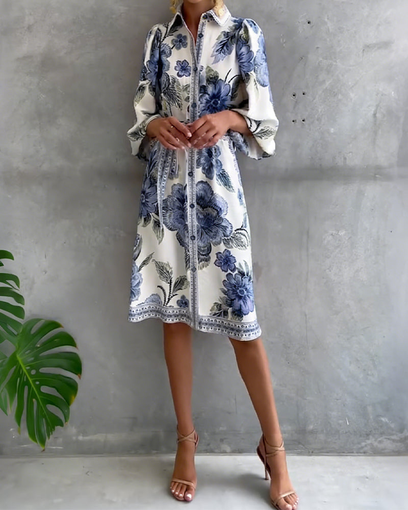 Glyssara - Women's Elegant Floral Dress with Lantern Sleeves and Buttons