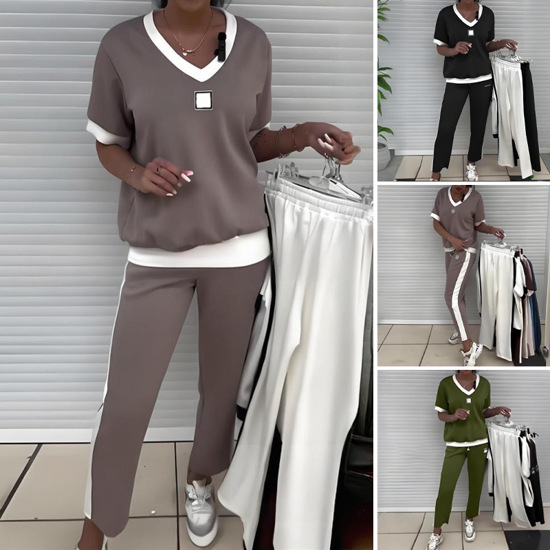 Euphrasie - Women's Casual V-Neck Top and Pants Set