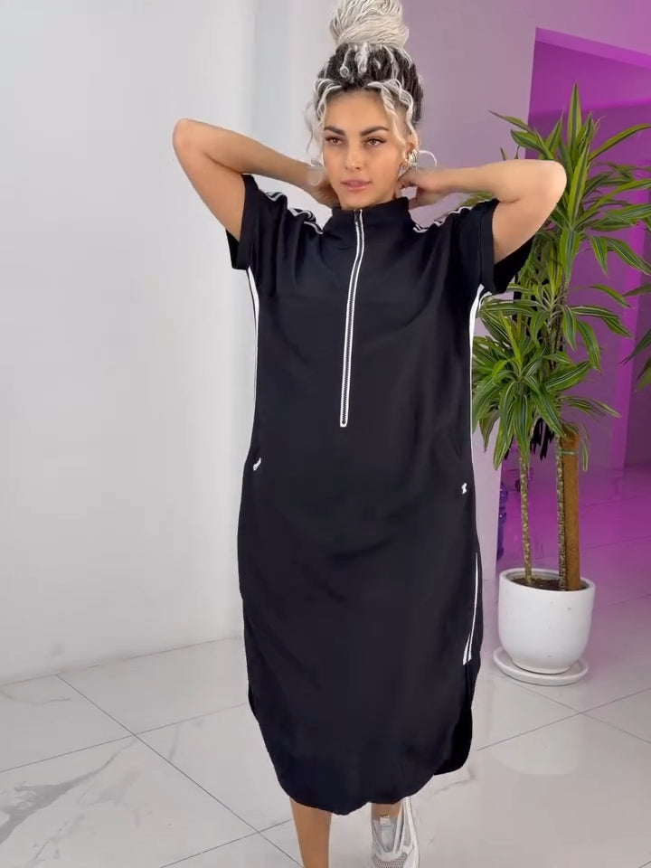 Gavrixa - Women's long zipped high-neck dress, fluid cut, sporty chic style, comfortable