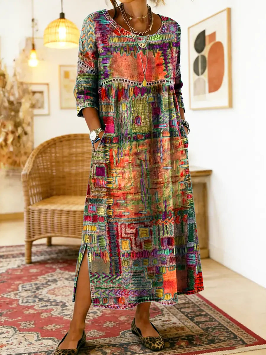Lunethra - Women's Ethnic Patchwork Denim Dress