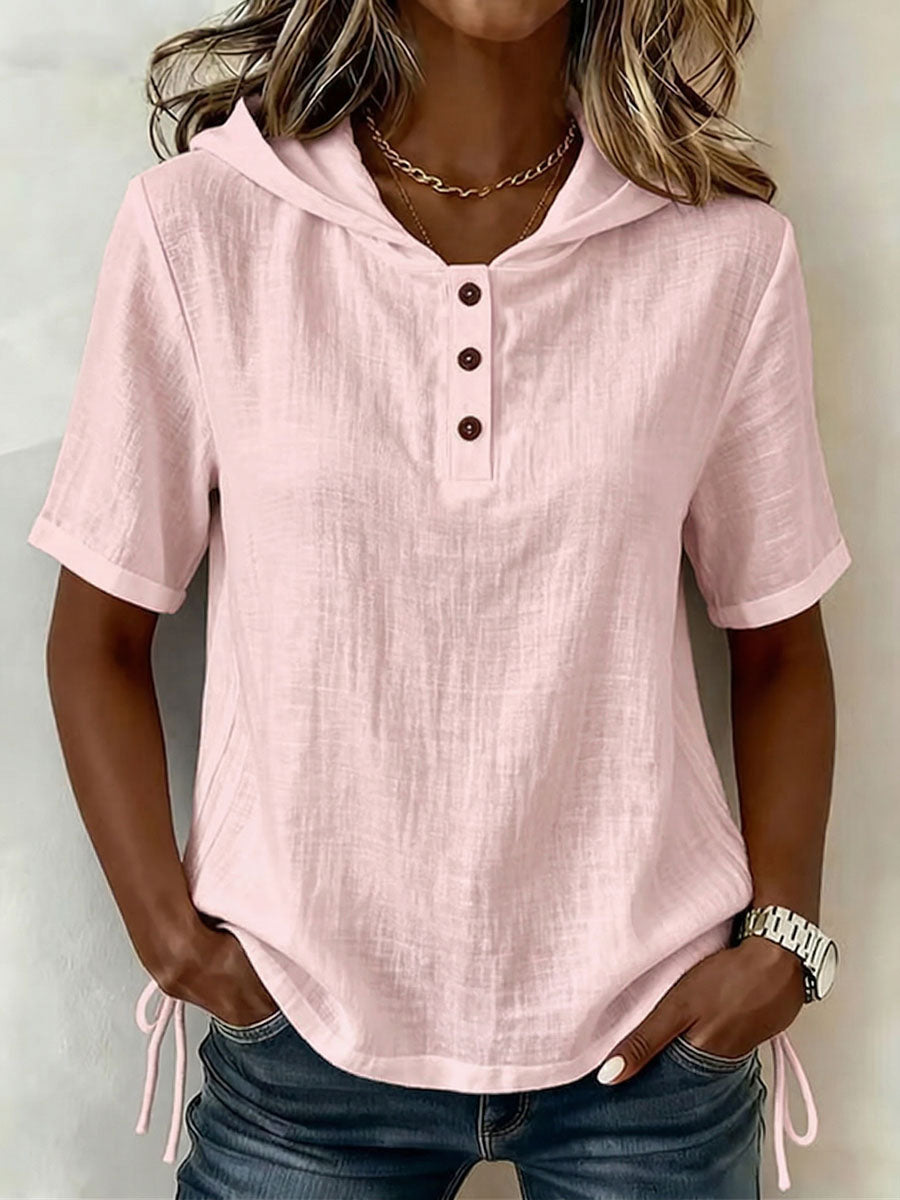 Aevrixa - Women's flowing short-sleeve hooded top with button-up open collar, casual style
