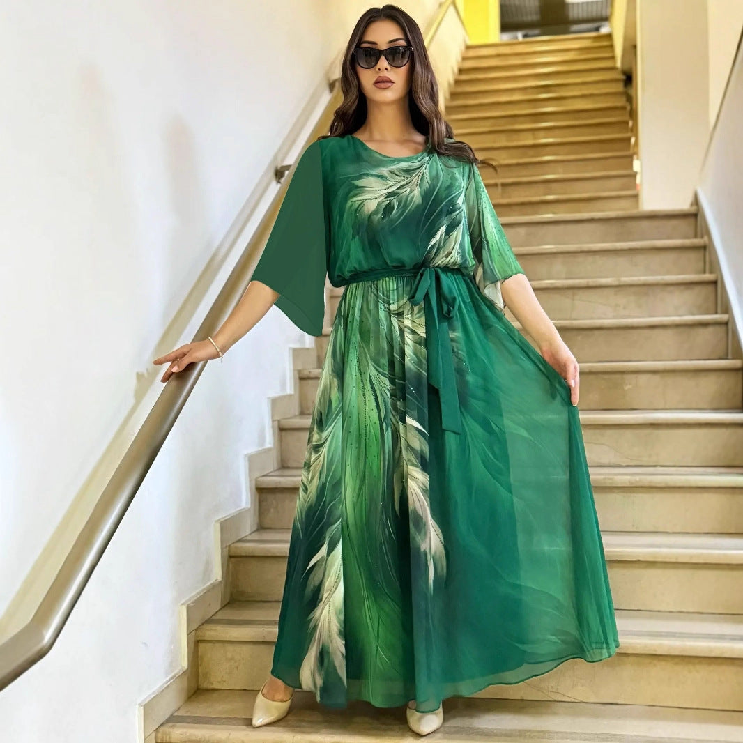 Orythessa - Flowy Elegant Green Printed Chiffon Maxi Dress