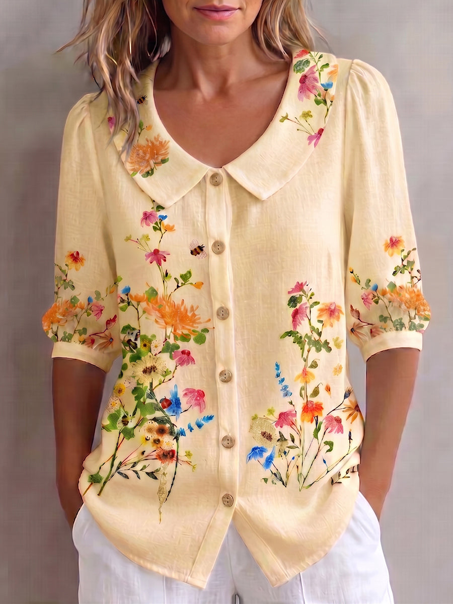 Mavessia - Women's vintage artistic floral print cotton and linen shirt
