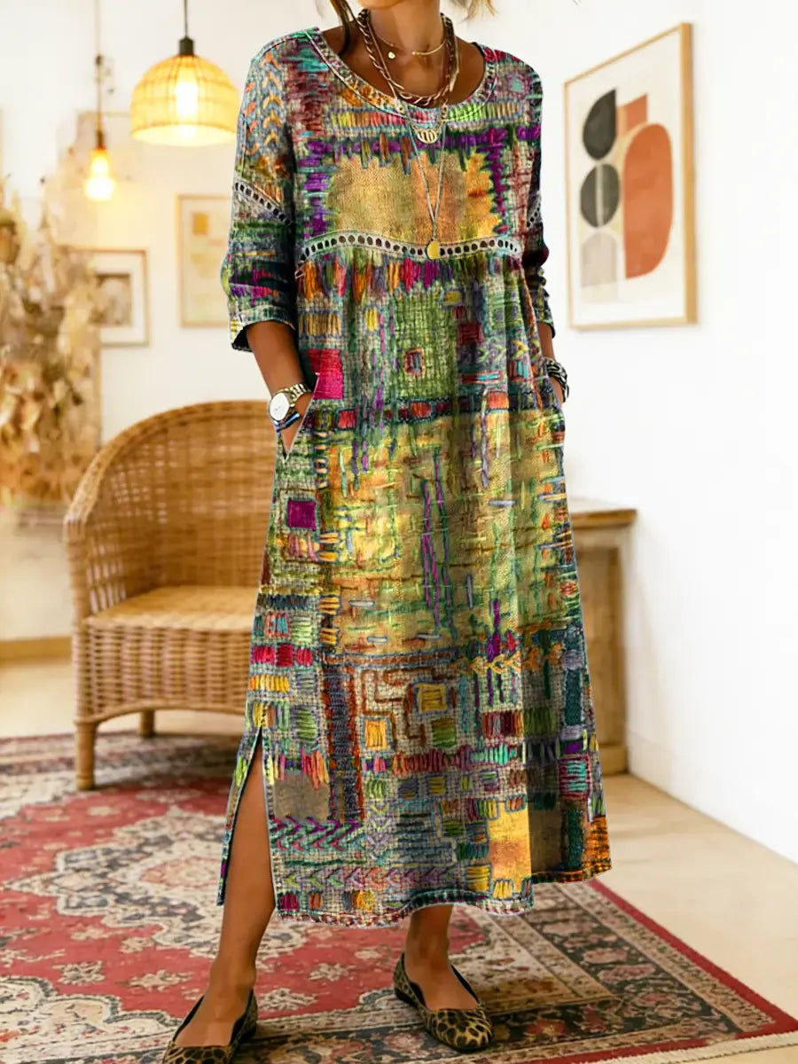 Lunethra - Women's Ethnic Patchwork Denim Dress