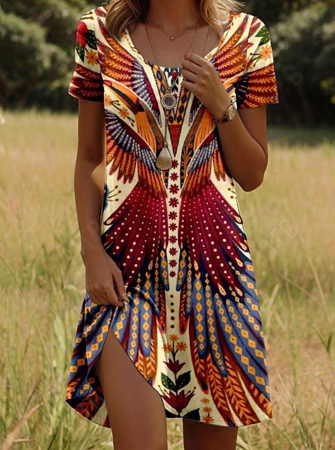 Nivara - Round Neck Dress with Indian Print and Short Sleeves