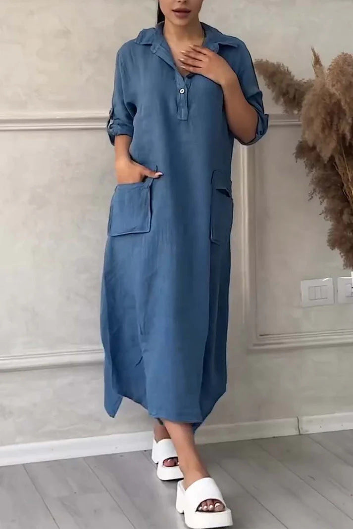 Leontine - Women's maxi dress in linen and cotton with lapels