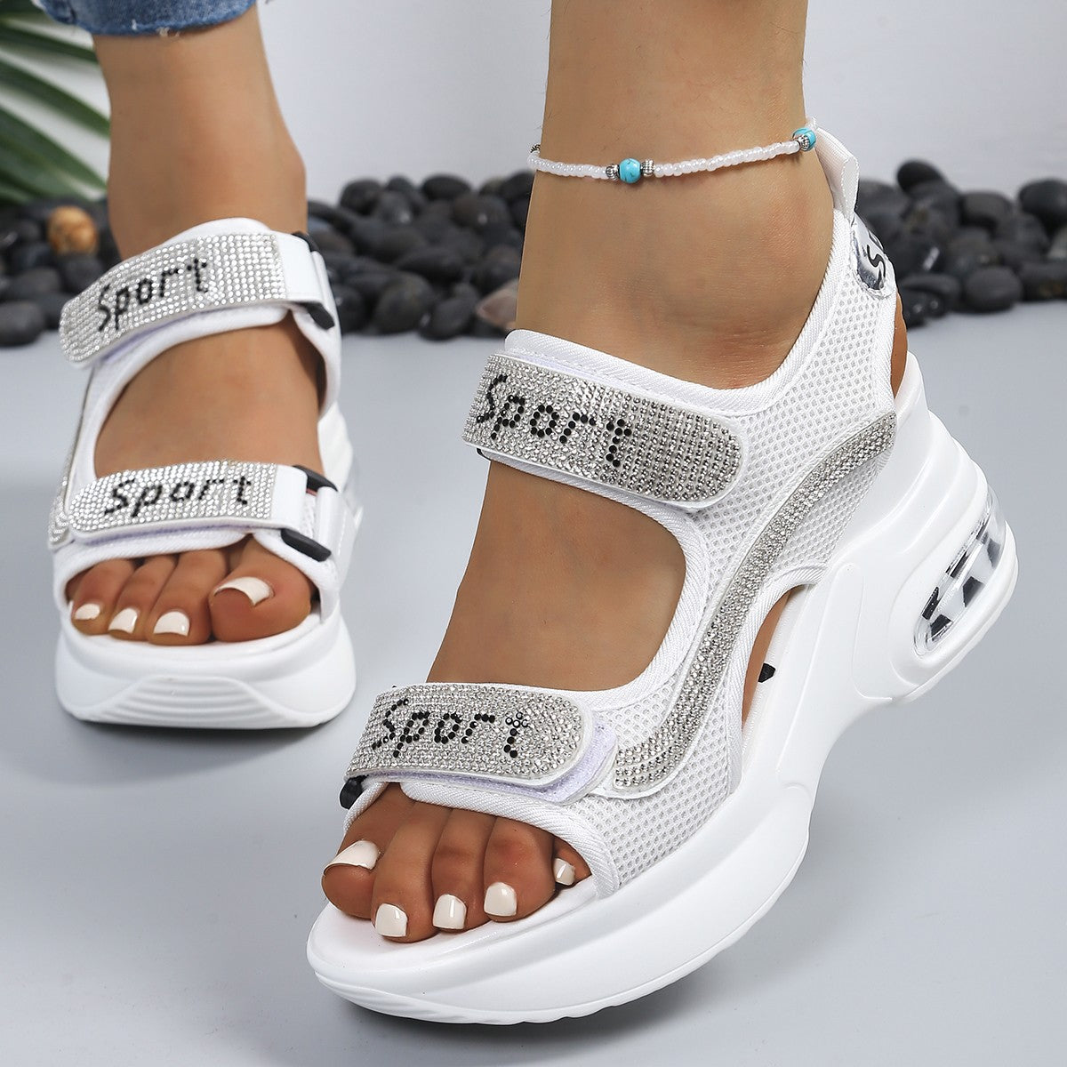 Calyvra - Women's platform rhinestone velcro air sole sport sandals