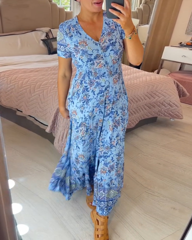 Denise - Floral Print Maxi Dress with V-Neckline