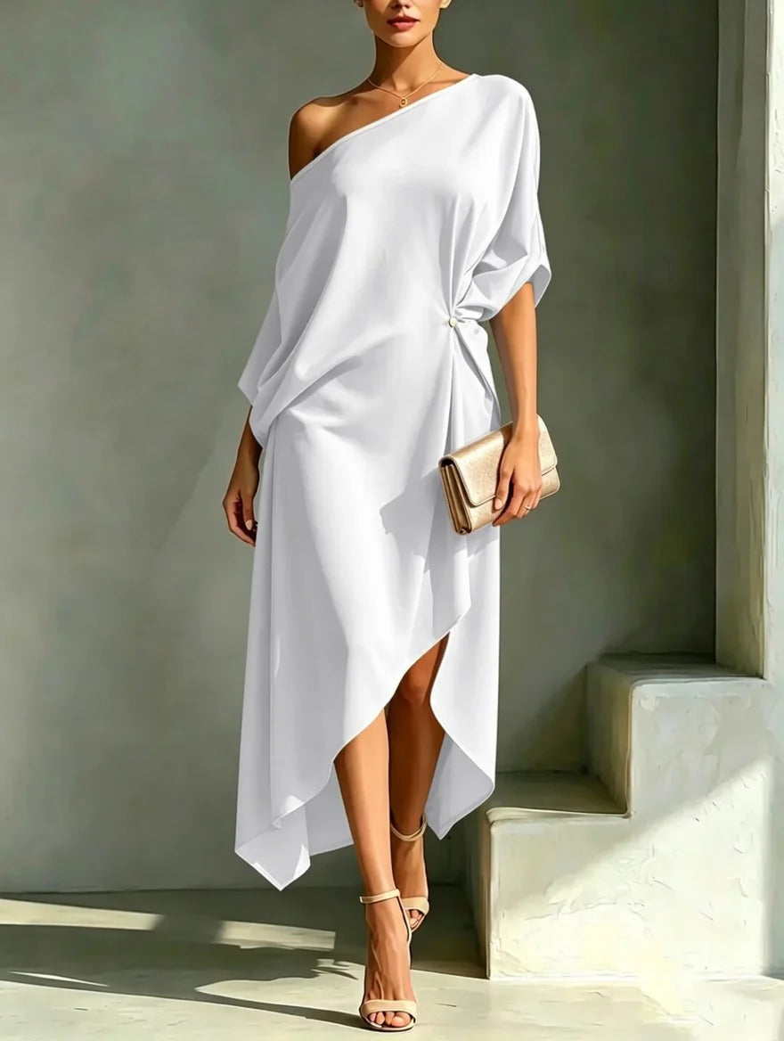 Helovyn - Women's Elegant One-Shoulder Flowy Asymmetrical Midi Dress