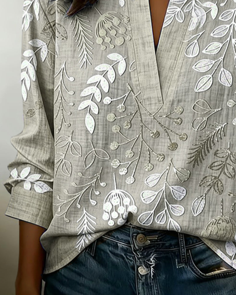 Drynora - Women's Floral Print Open Collar Long Sleeve Elegant Style Blouse
