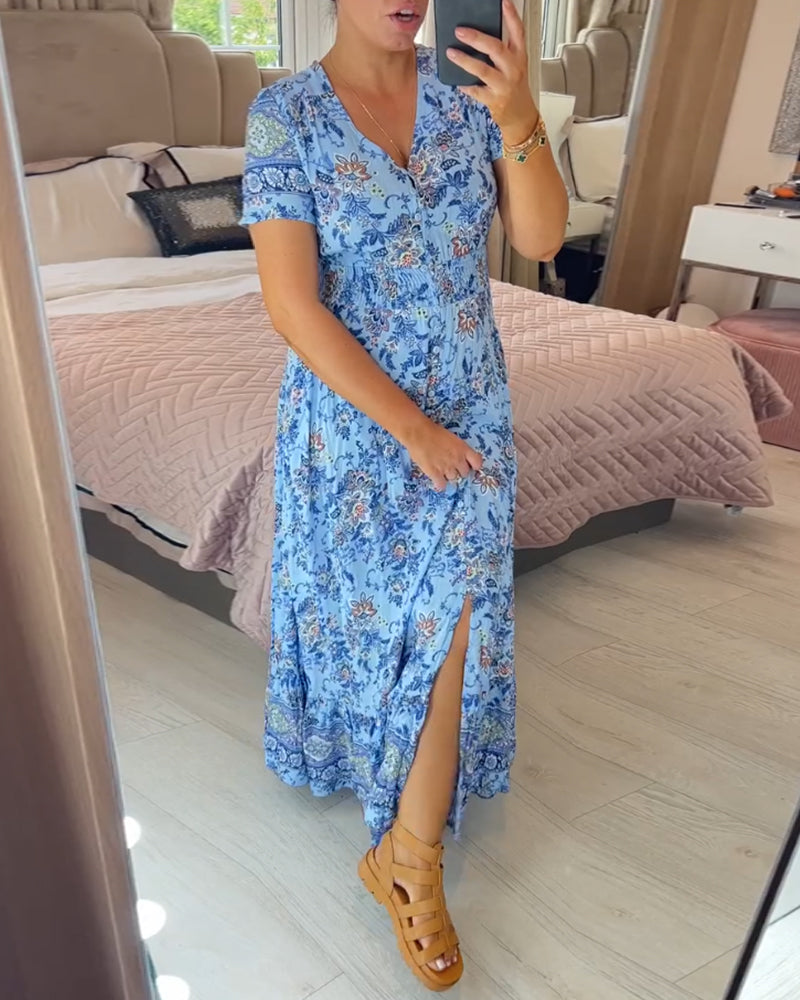 Denise - Floral Print Maxi Dress with V-Neckline