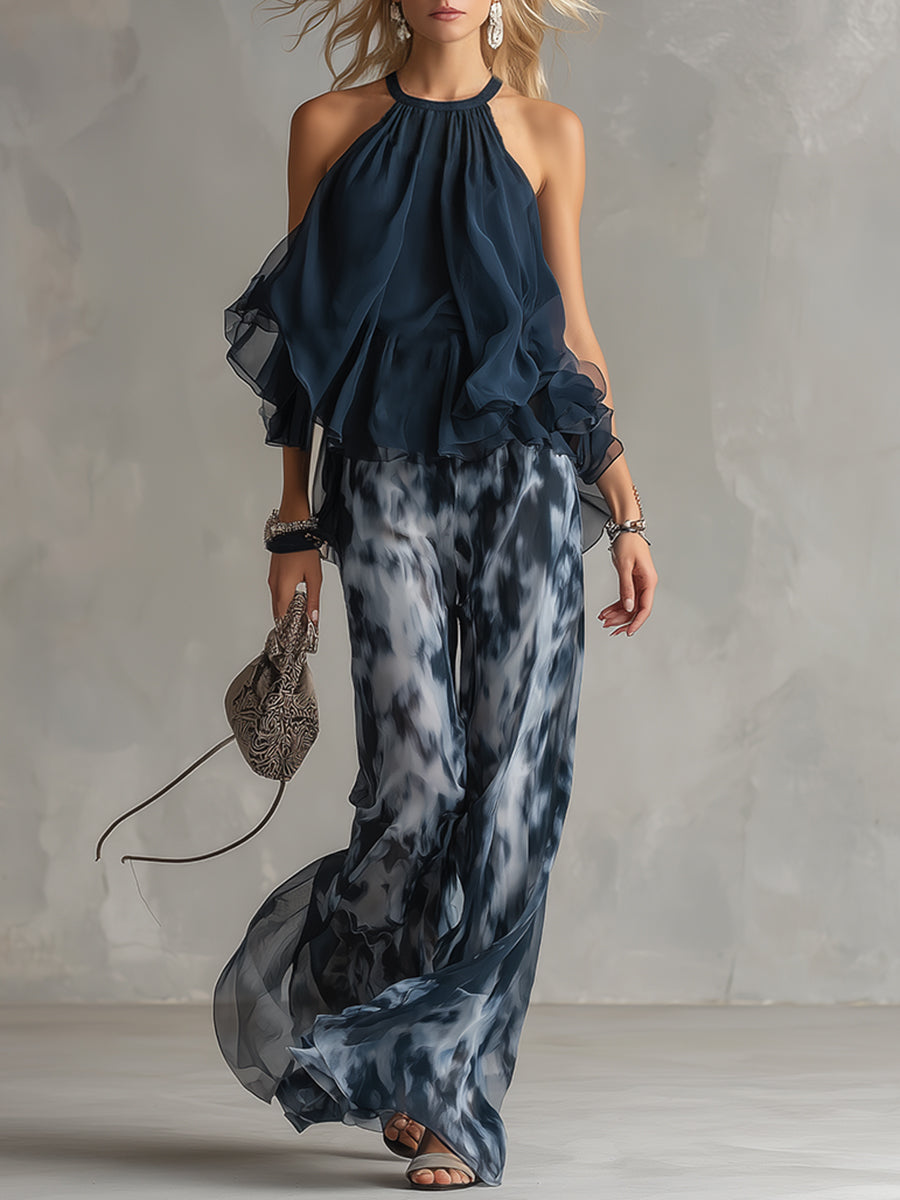 Pheronia - Women's two-piece set chiffon halter neck top wide-leg printed trousers