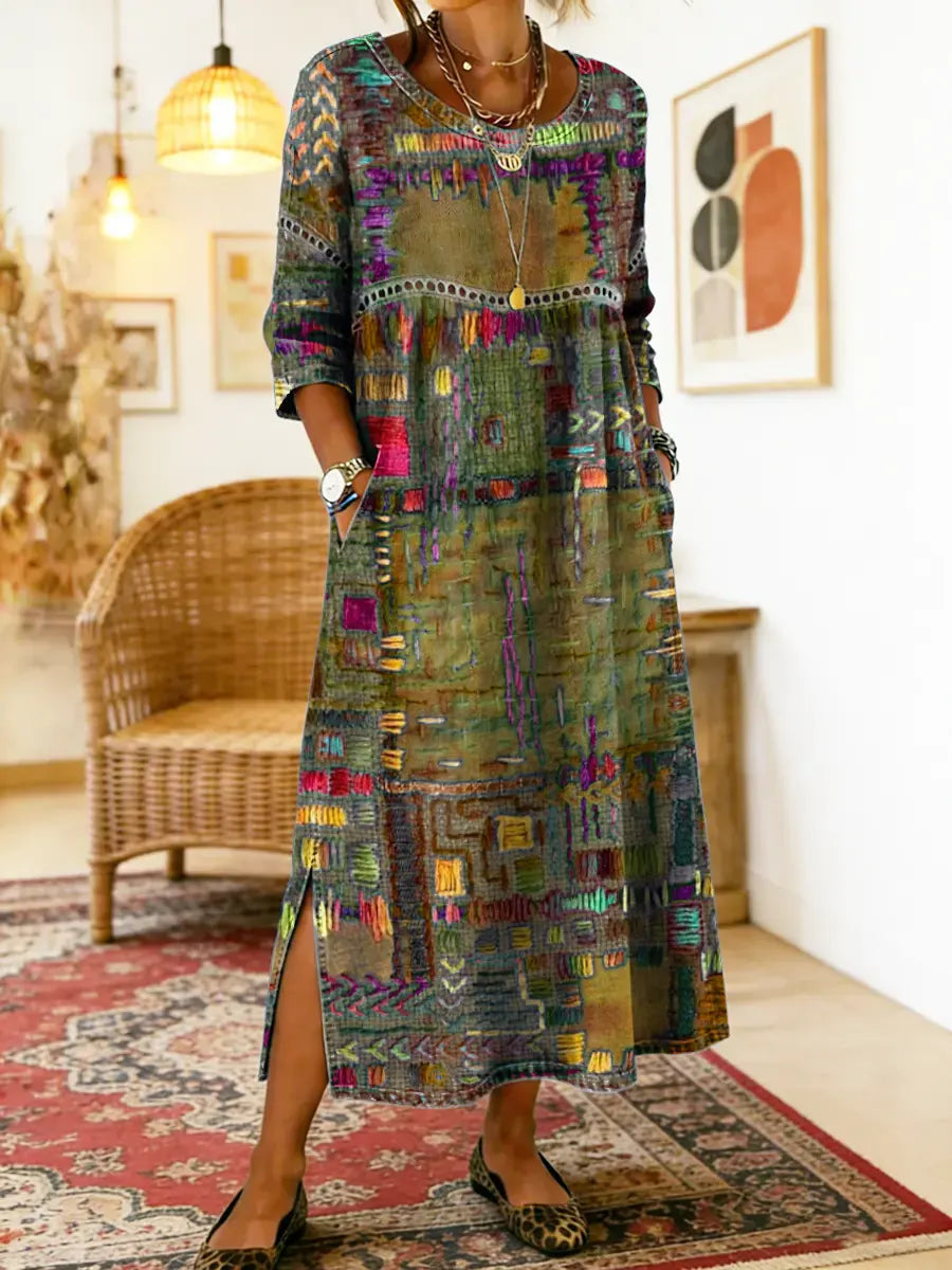 Lunethra - Women's Ethnic Patchwork Denim Dress