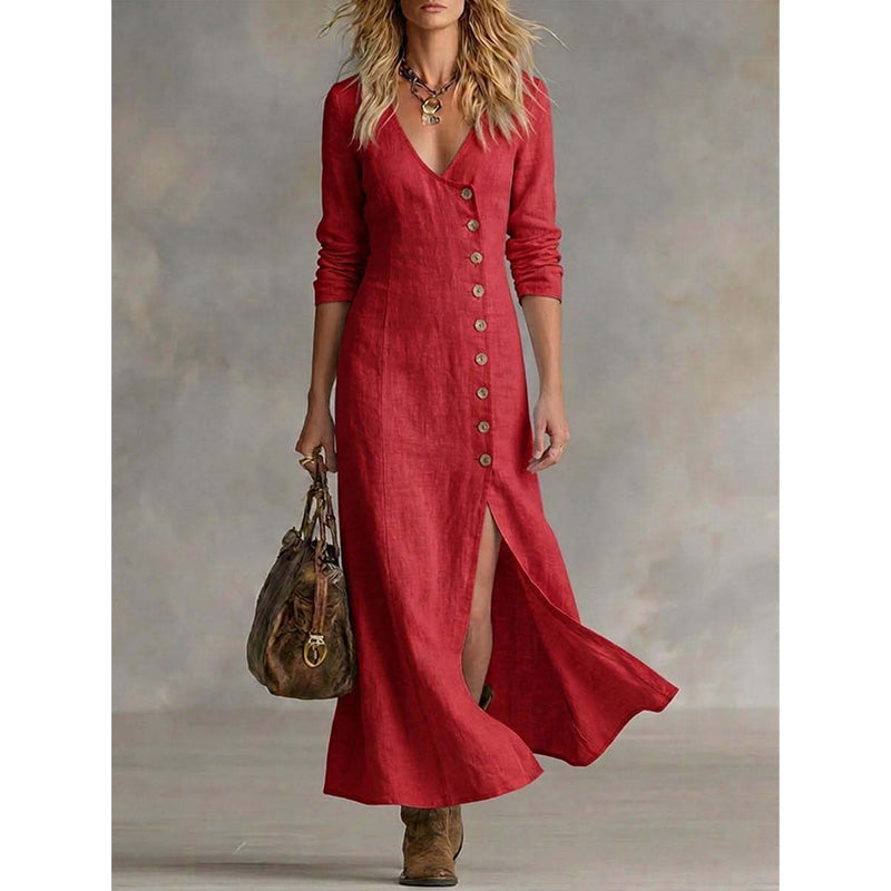 Quinalisse - Elegant Vintage Long Sleeve Midi Shirt Dress