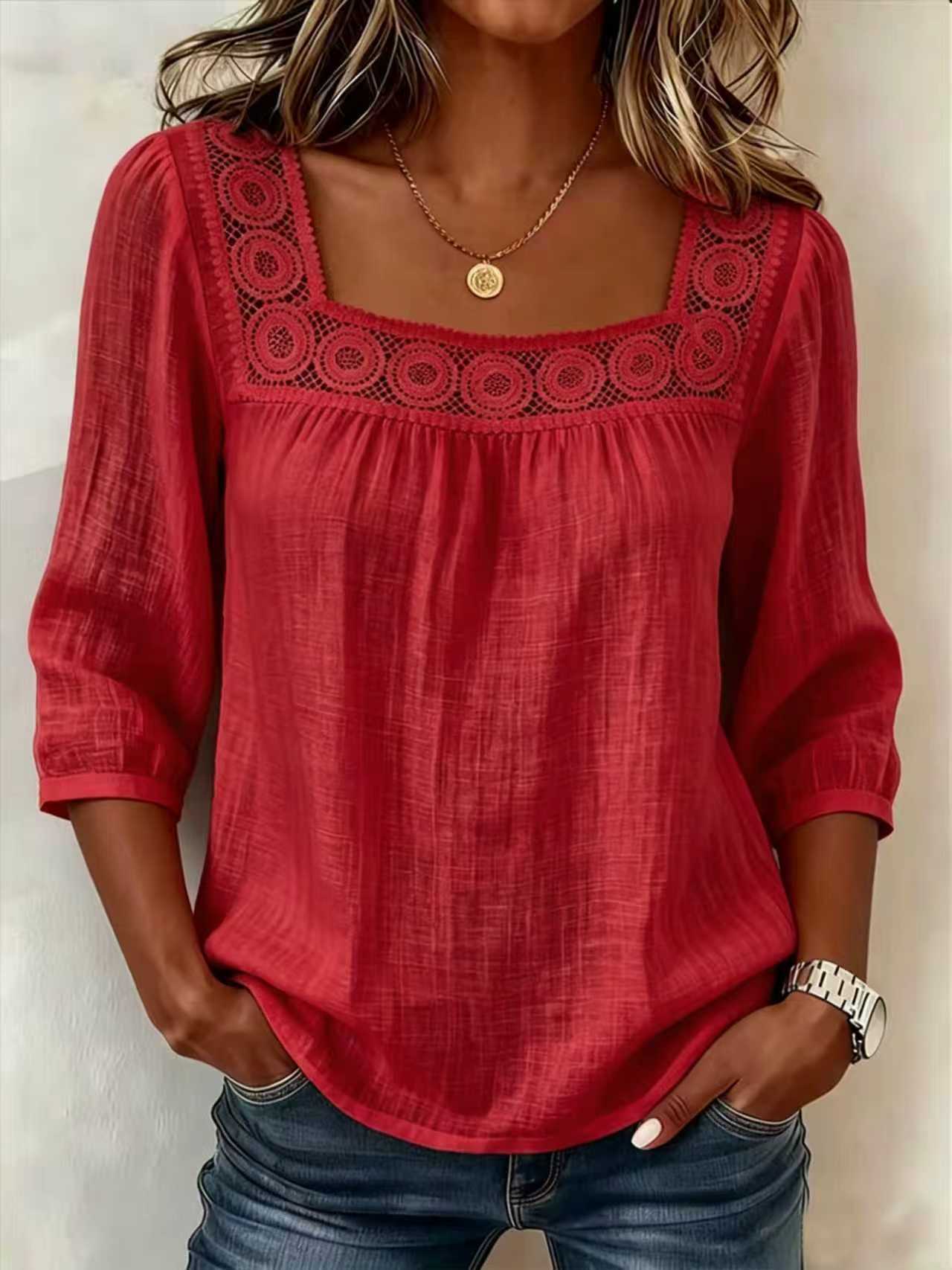 Myzaria - Women's blouse with elegant lace square neckline