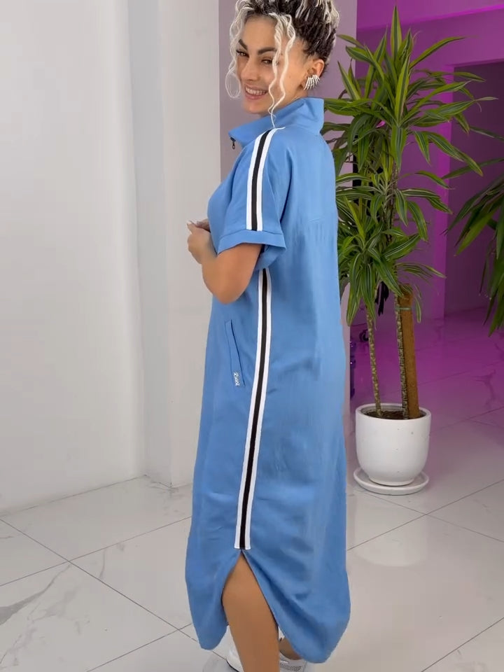 Gavrixa - Women's long zipped high-neck dress, fluid cut, sporty chic style, comfortable