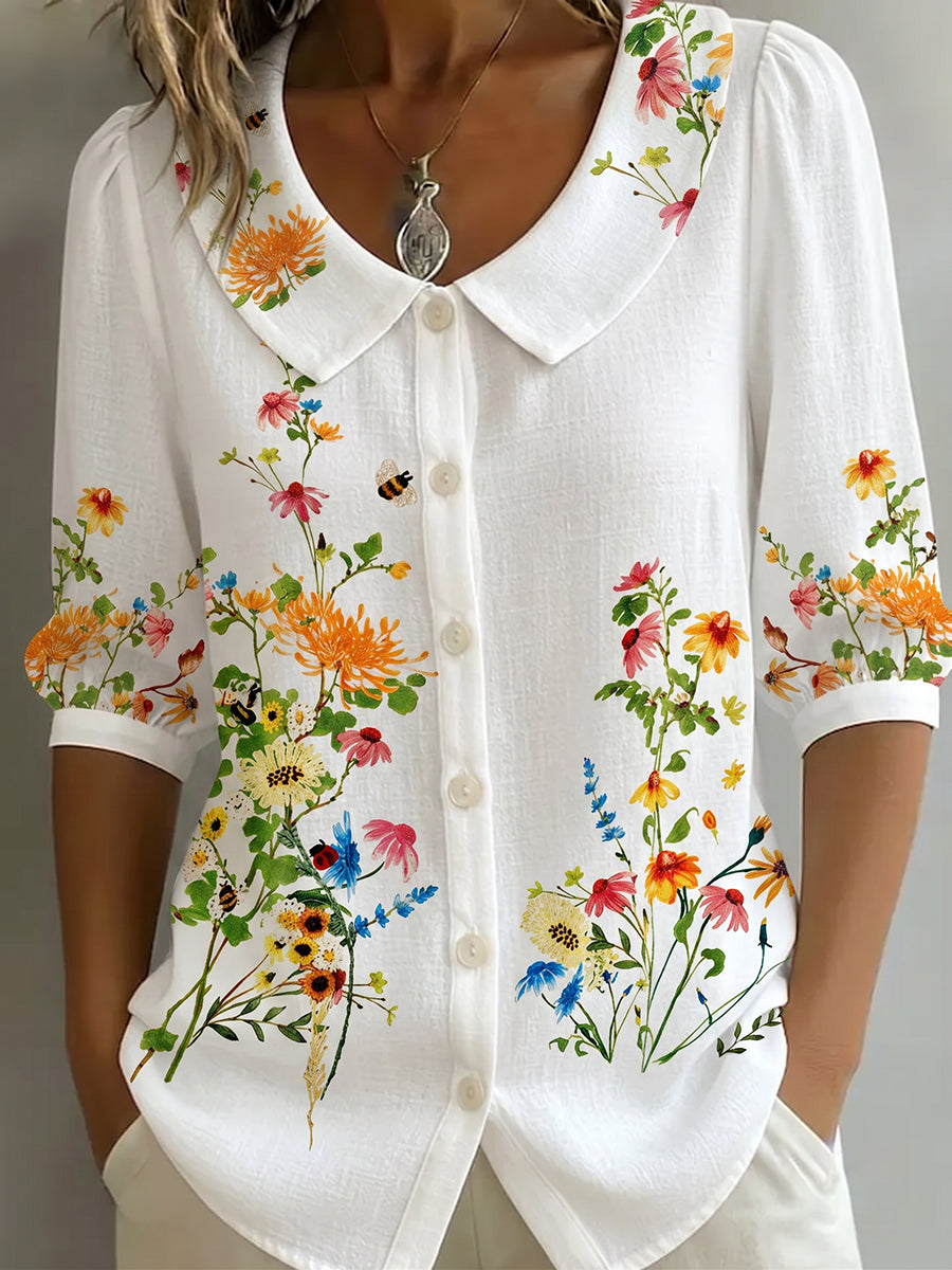 Mavessia - Women's vintage artistic floral print cotton and linen shirt