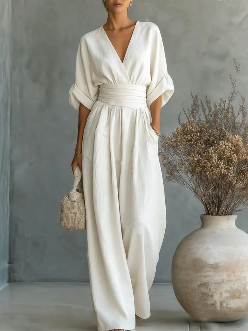 Helyrae - Women's V-Neck Jumpsuit with Defined Waist and Fluid Cut