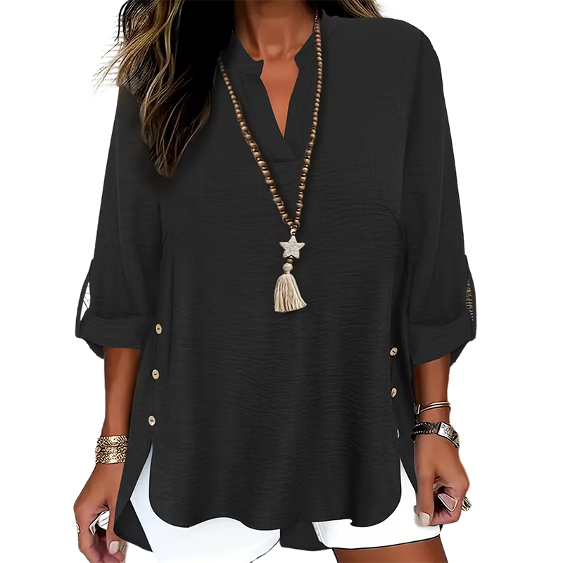 Kymora - Women's Loose V-Neck Top with Side Slits and Buttons