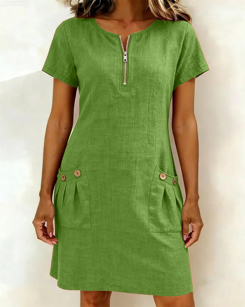 Alythessa - Elegant solid color women's short dress with comfortable pockets