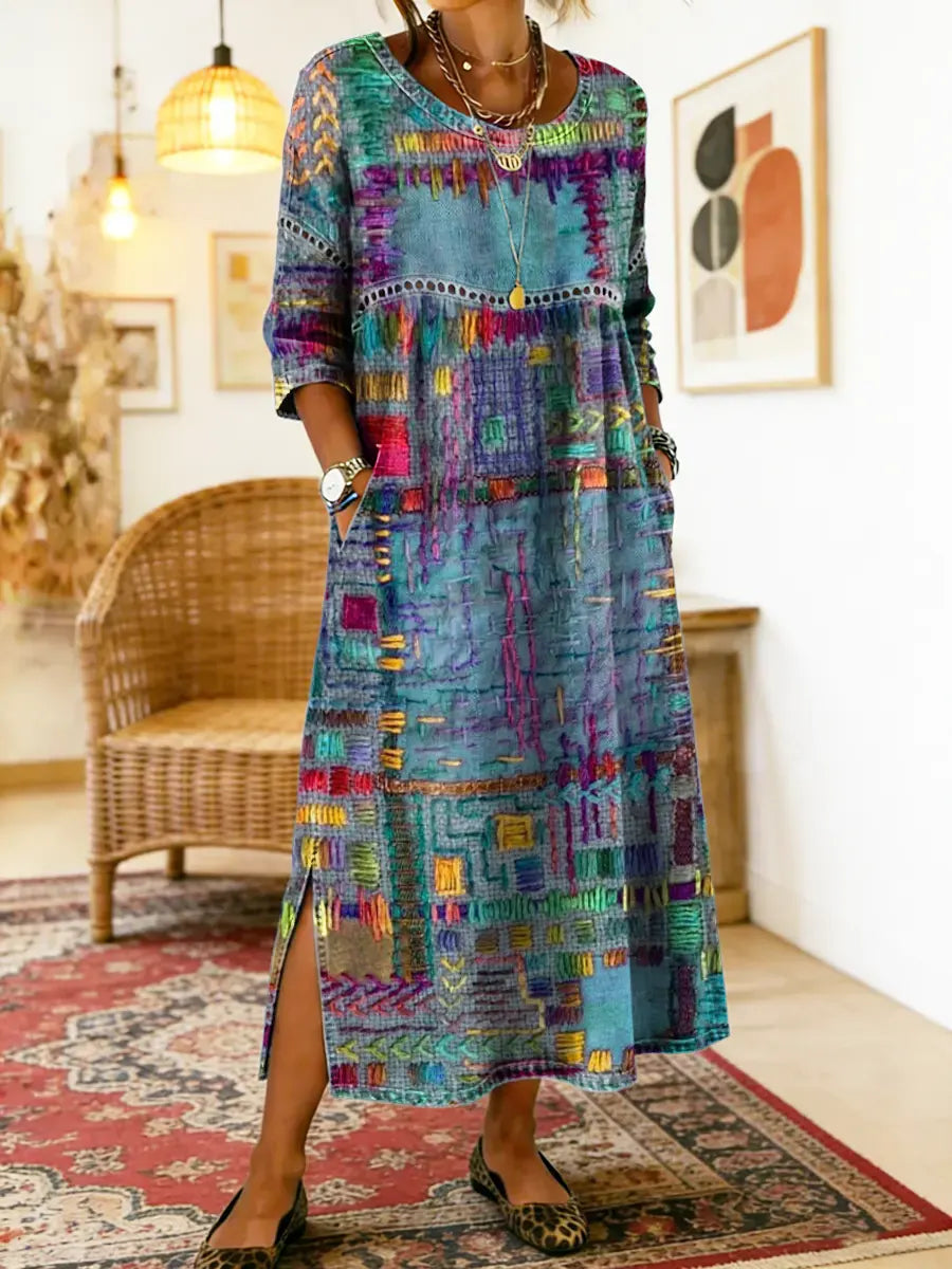 Lunethra - Women's Ethnic Patchwork Denim Dress