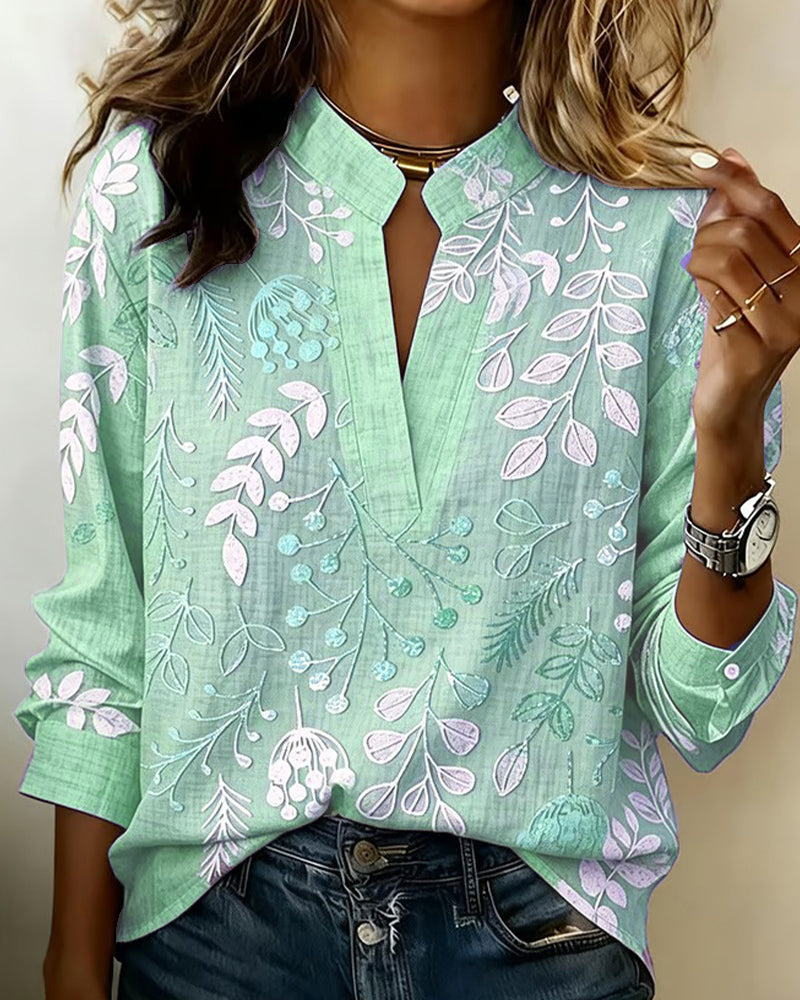 Drynora - Women's Floral Print Open Collar Long Sleeve Elegant Style Blouse