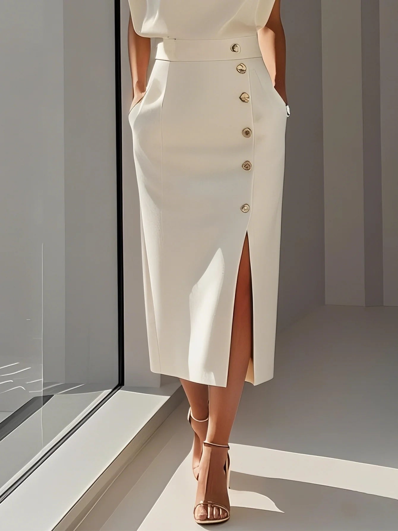 Floralia - Plain midi dress with button slit and round neckline