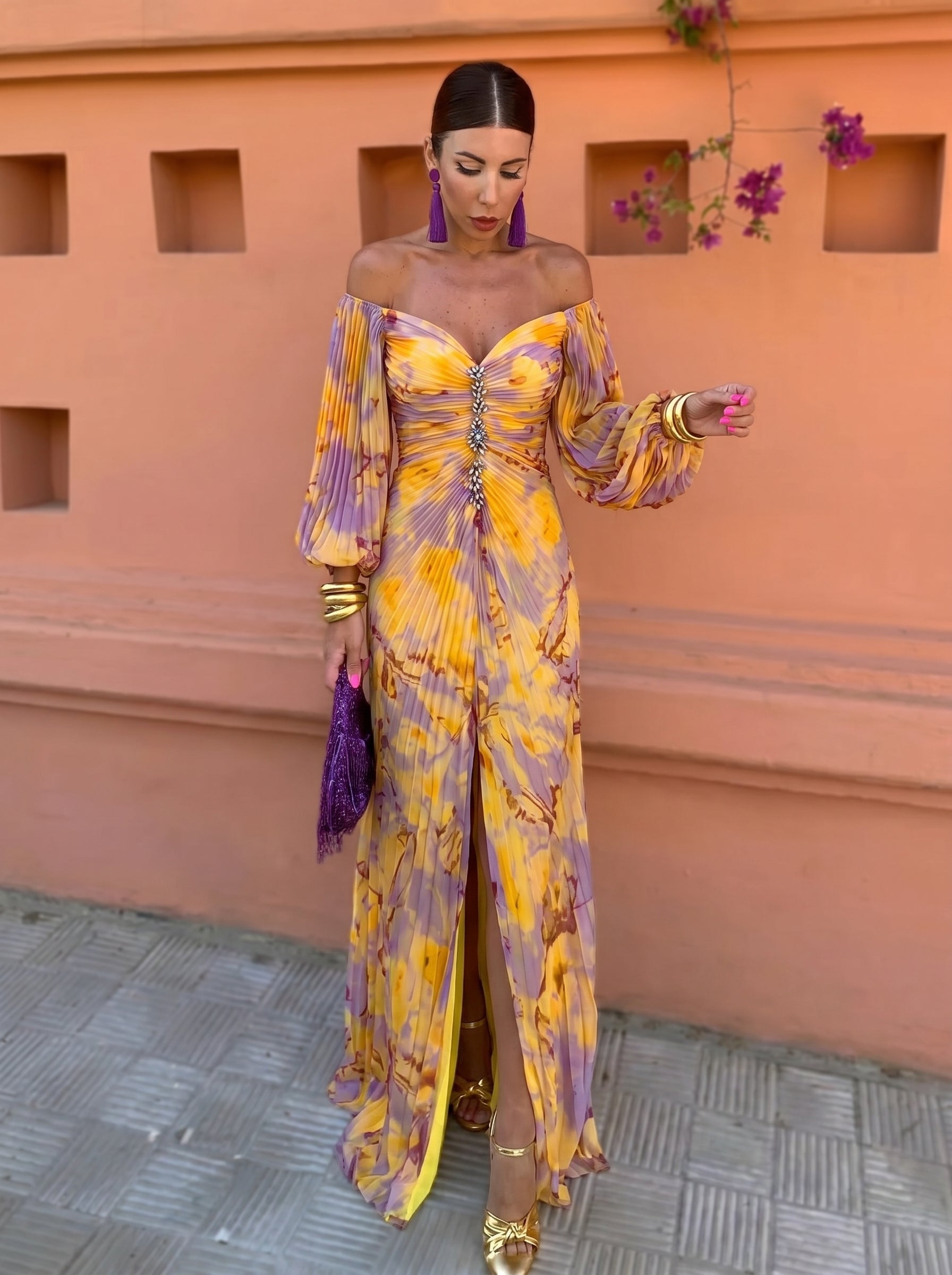 Orlaya - Robe longue femme fleurie avec décolleté profond