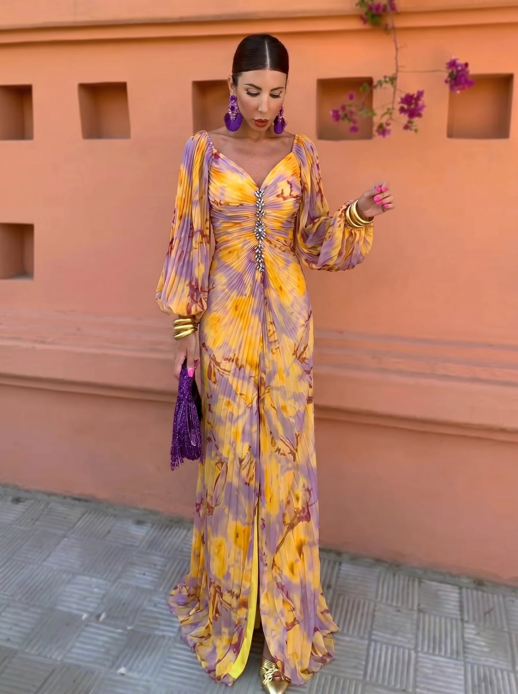 Orlaya - Robe longue femme fleurie avec décolleté profond