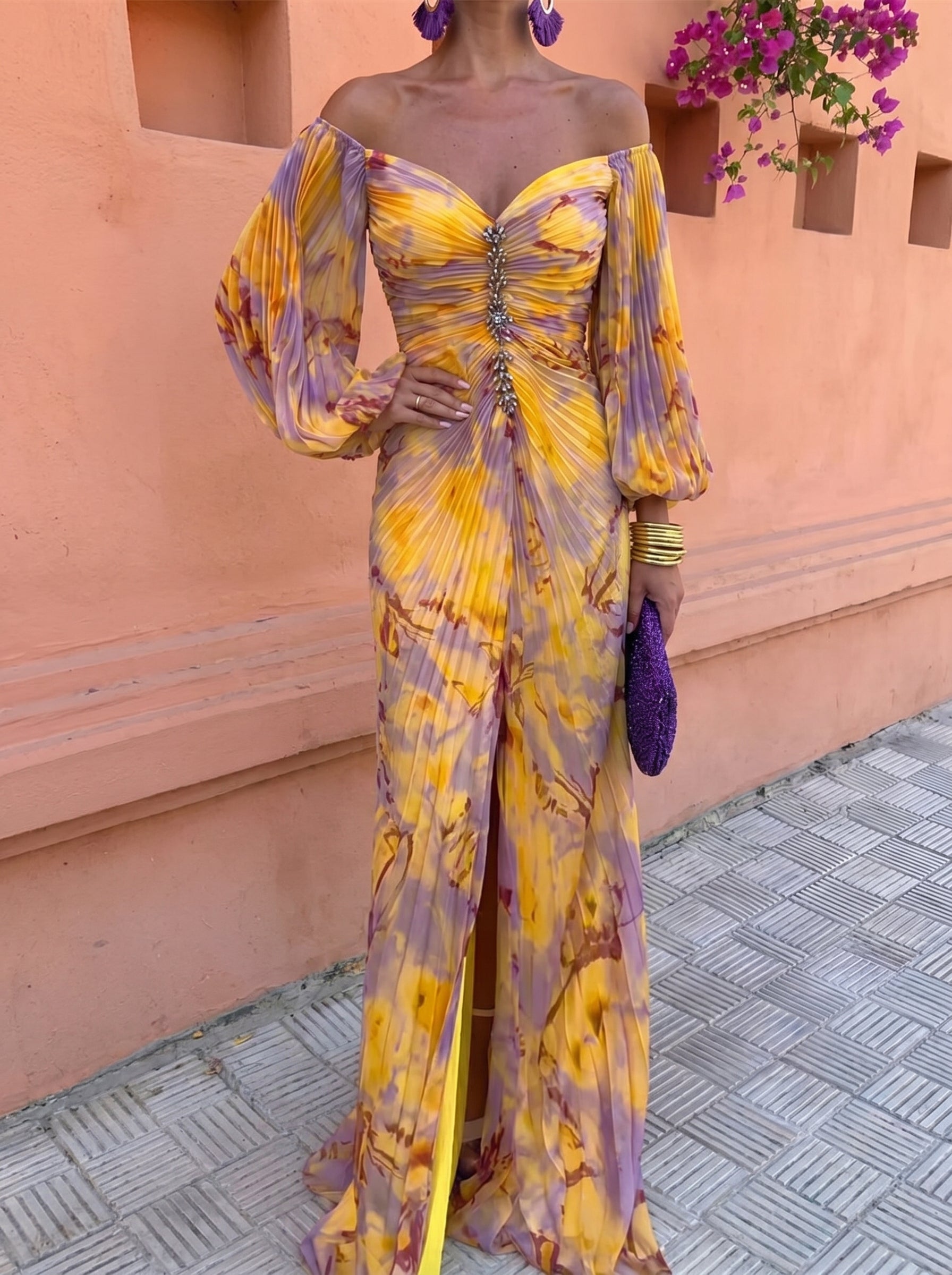 Orlaya - Robe longue femme fleurie avec décolleté profond