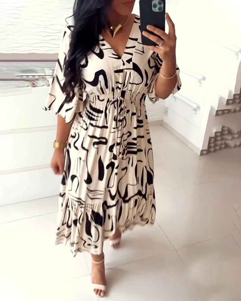 Sanae - Elegant Print V-Neck Dress
