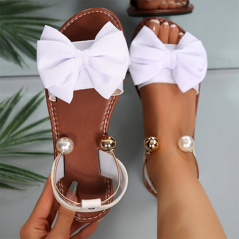 Jaxoria - Women's Flat Sandals with Decorative Bow and Pearls