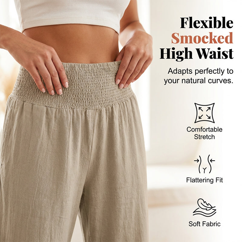 Dorexa - Women's High-Waisted Smocked Wide Leg Boho Cotton Linen Trousers