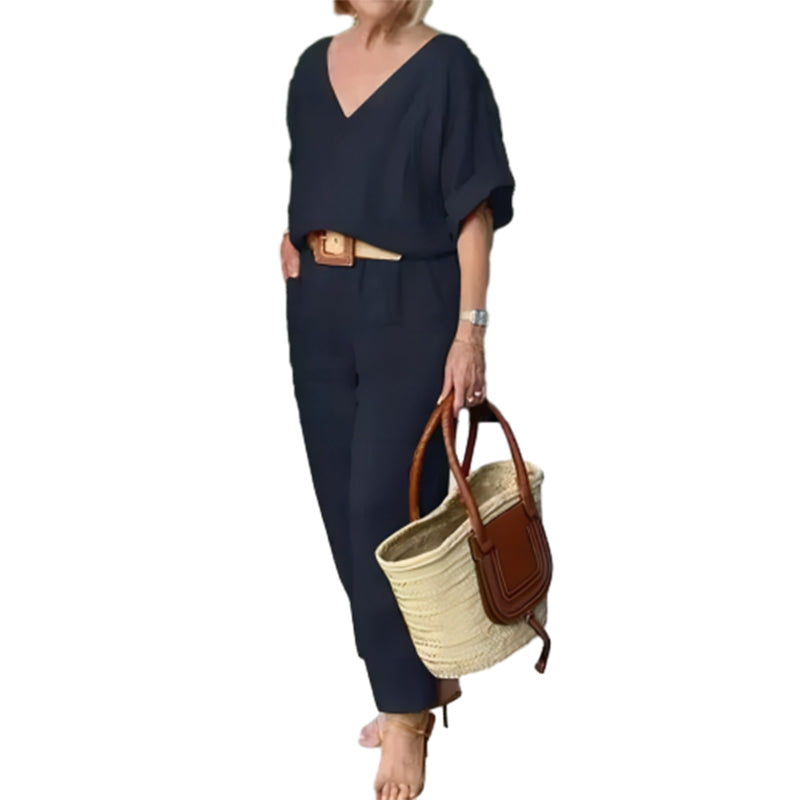Loxaria - Women's V-neck Top and Pocket Trousers Casual Set