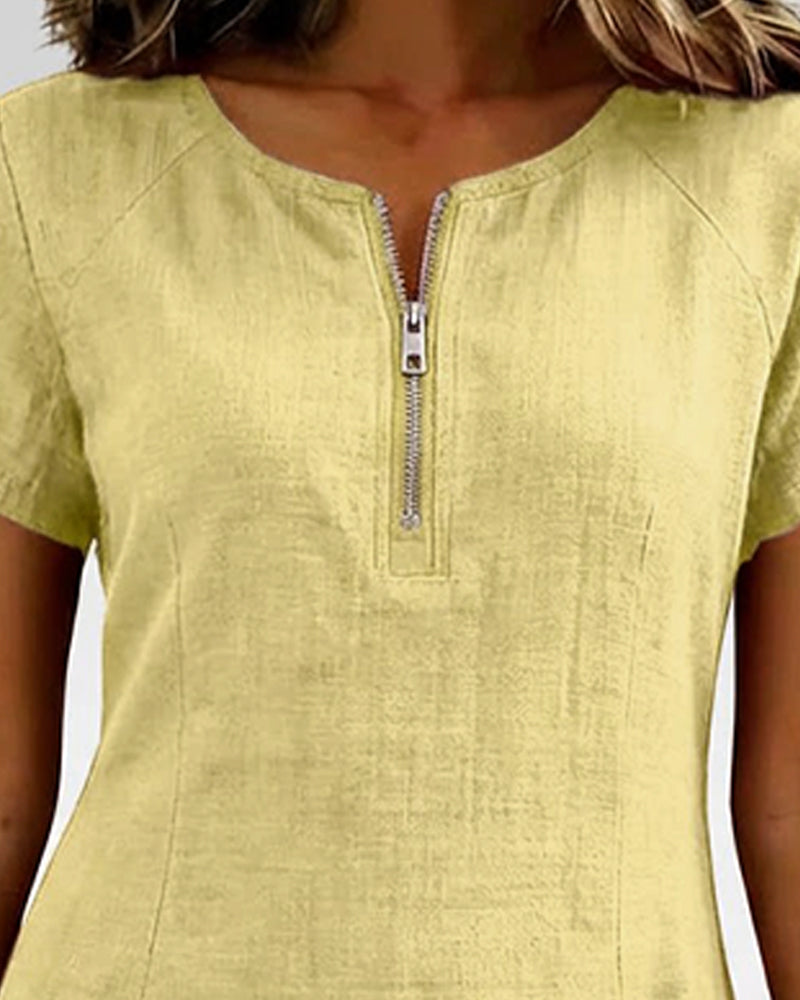 Kovira - Cotton Linen Short Dress with Zipper and Pockets