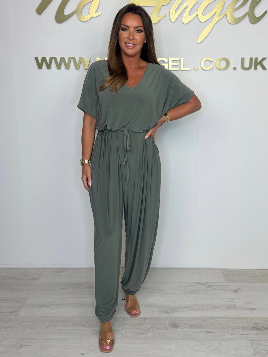 Yola - Cotton jumpsuit with V-neck and tie belt