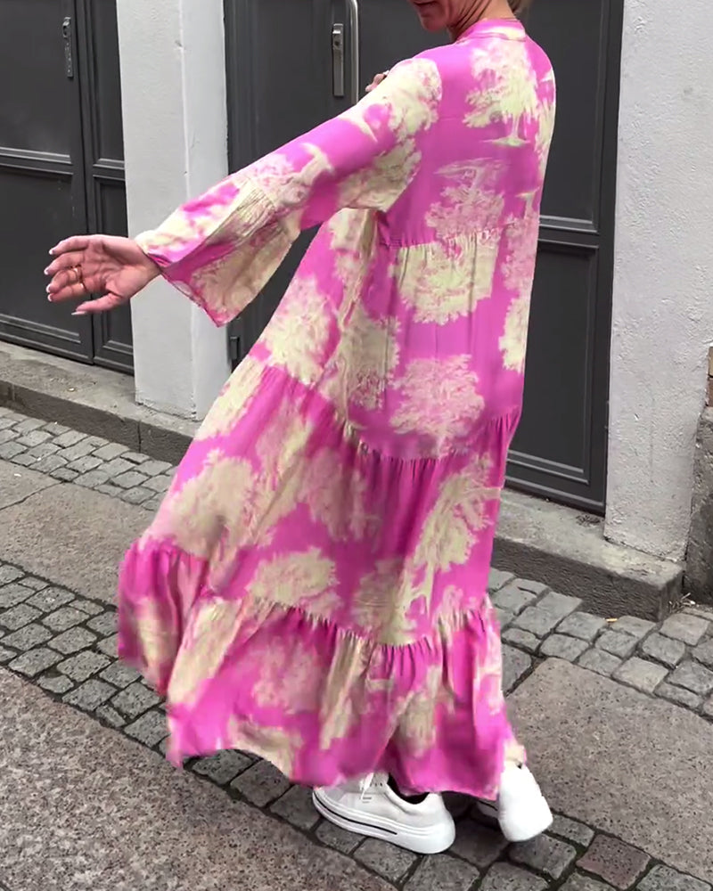 Greta - Loose Patchwork Dress with V-Neck and Printed Bell Sleeves