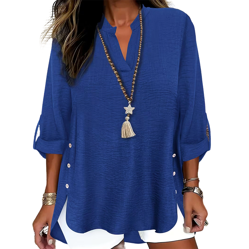 Kymora - Women's Loose V-Neck Top with Side Slits and Buttons