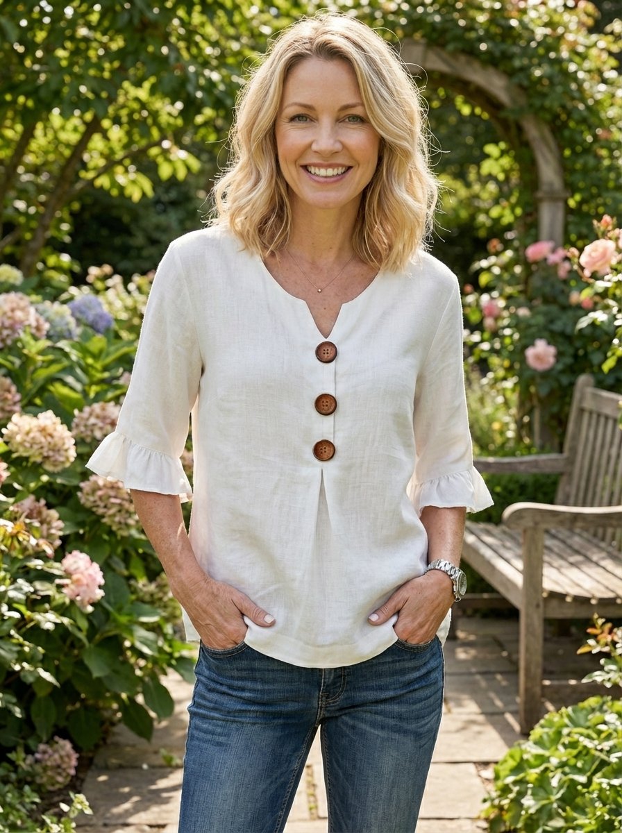 Tyvora - Women's Plain Flowy Blouse with Ruffled Sleeves and Wooden Buttons, Boho Style