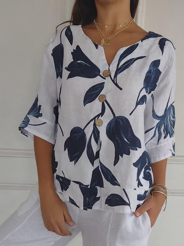 Evorra - Elegant Floral Print Flowy Top