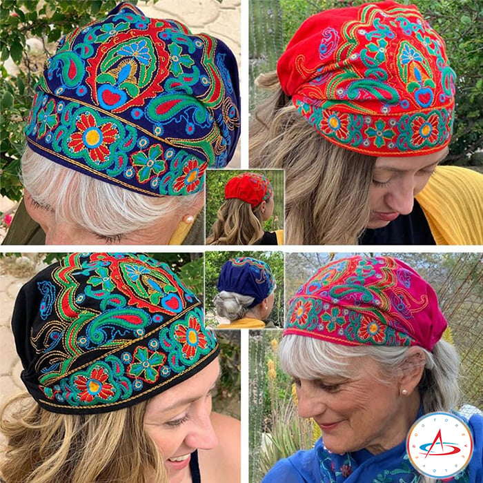 Ravelle - Hand-embroidered bandanas and caps with colorful designs