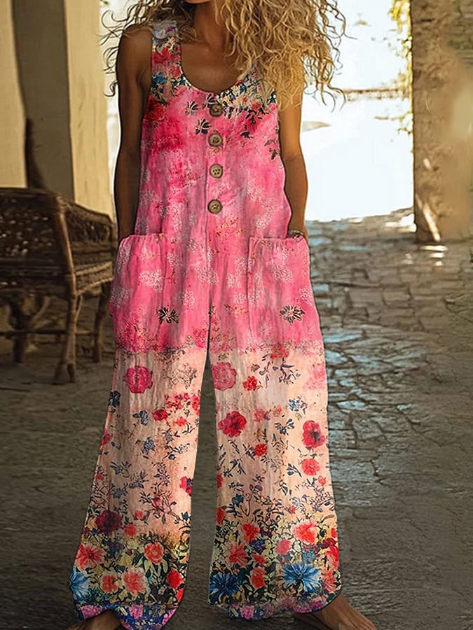 Lunelle - Women's Vintage Floral Patchwork Jumpsuit