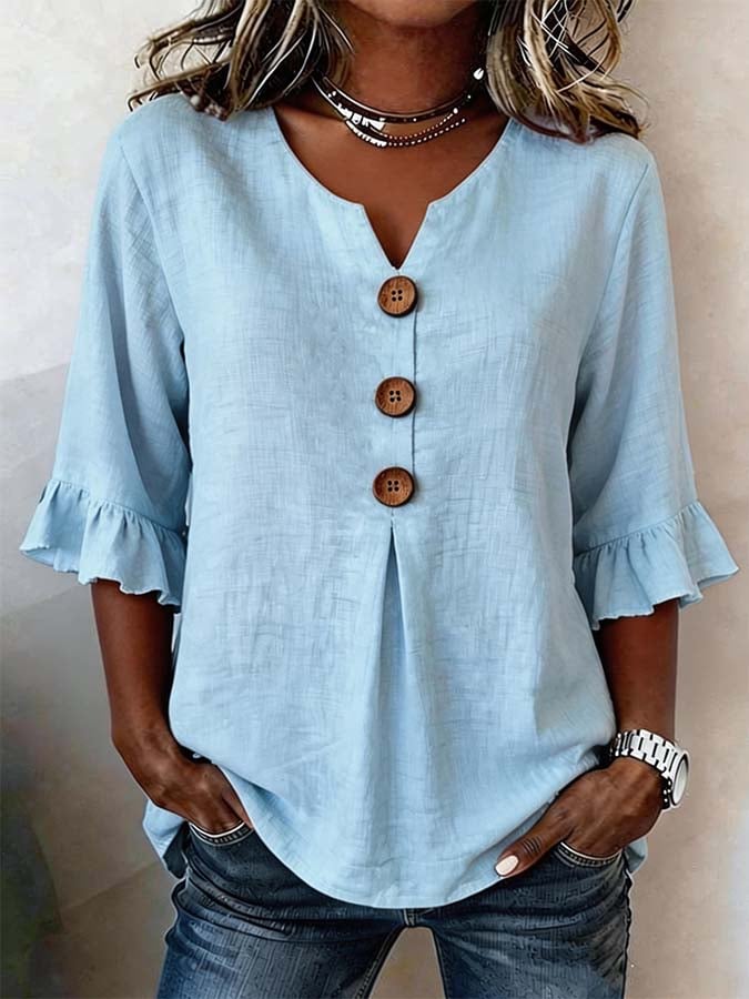 Tyvora - Women's Plain Flowy Blouse with Ruffled Sleeves and Wooden Buttons, Boho Style