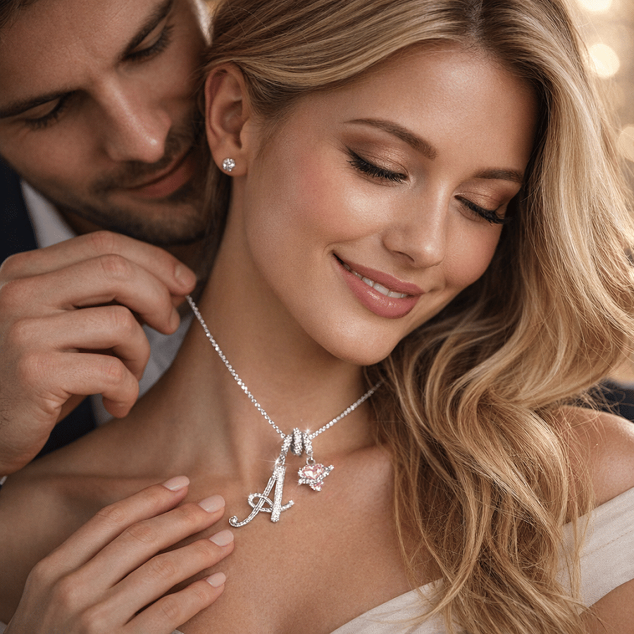 Carmelle - Initial Necklace with Sparkling Pink Heart
